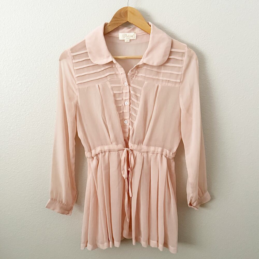 GOLDIE LONDON | Blush Light Pink Button Blouse Round Collar Pleated Sheer |‎ S/M